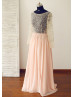 Peach Pink Chiffon Beading Sheer Prom Dress